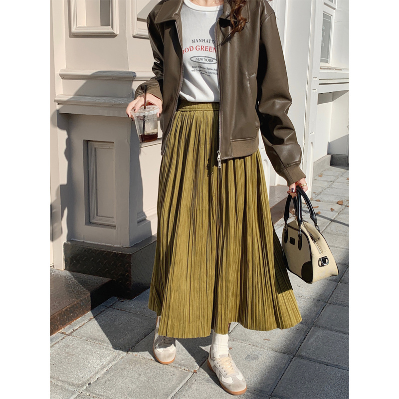 韓国風レトロプリーツスカート ロング丈カジュアル