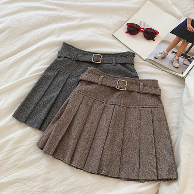 羊毛ストライプ柄プリーツスカート韓国風ハイウエスト学生