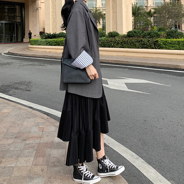 新作白色プリーツスカート ロング丈ハイウエスト段フリル