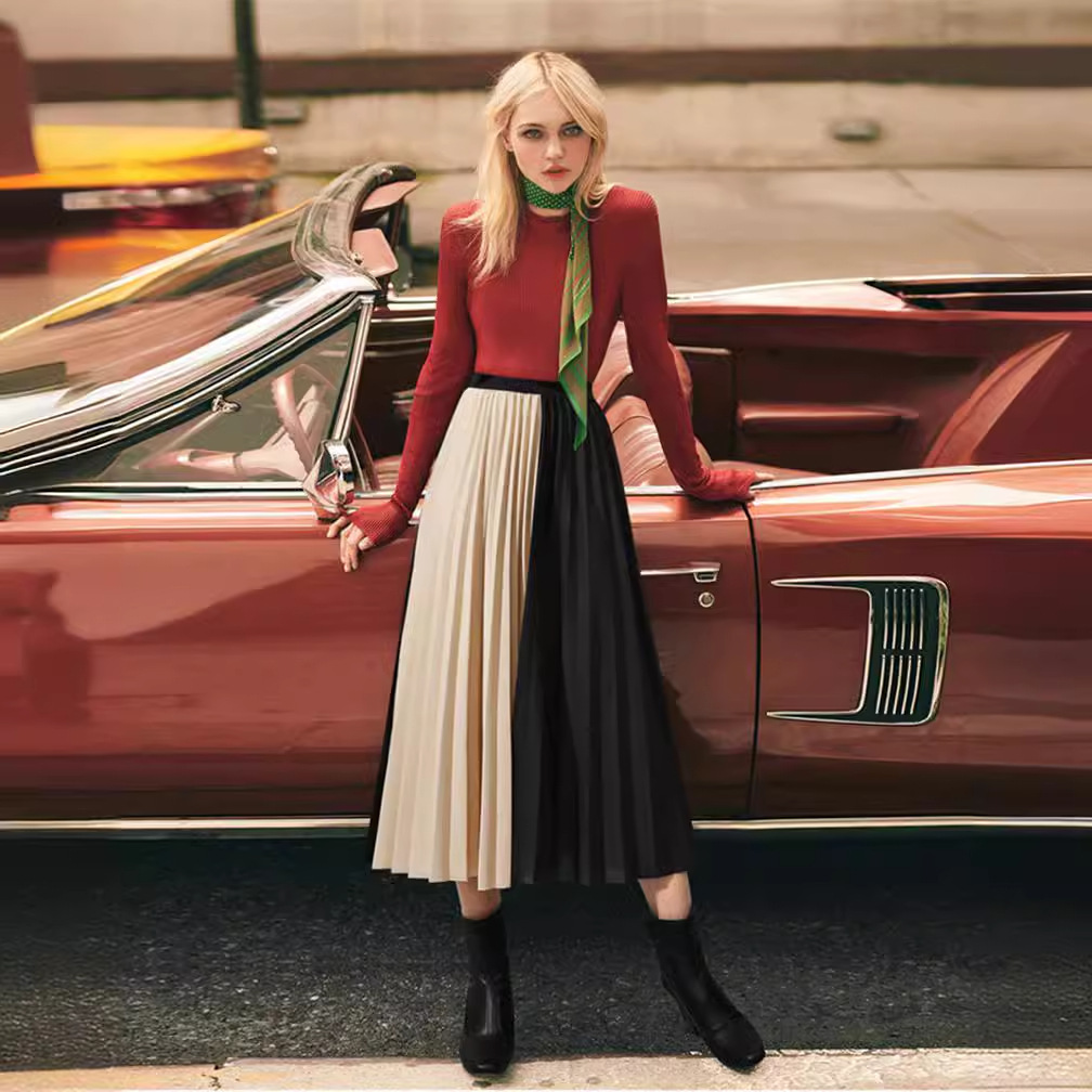 ハイウエストプリーツスカート ウエストゴム ロング丈 3色展開