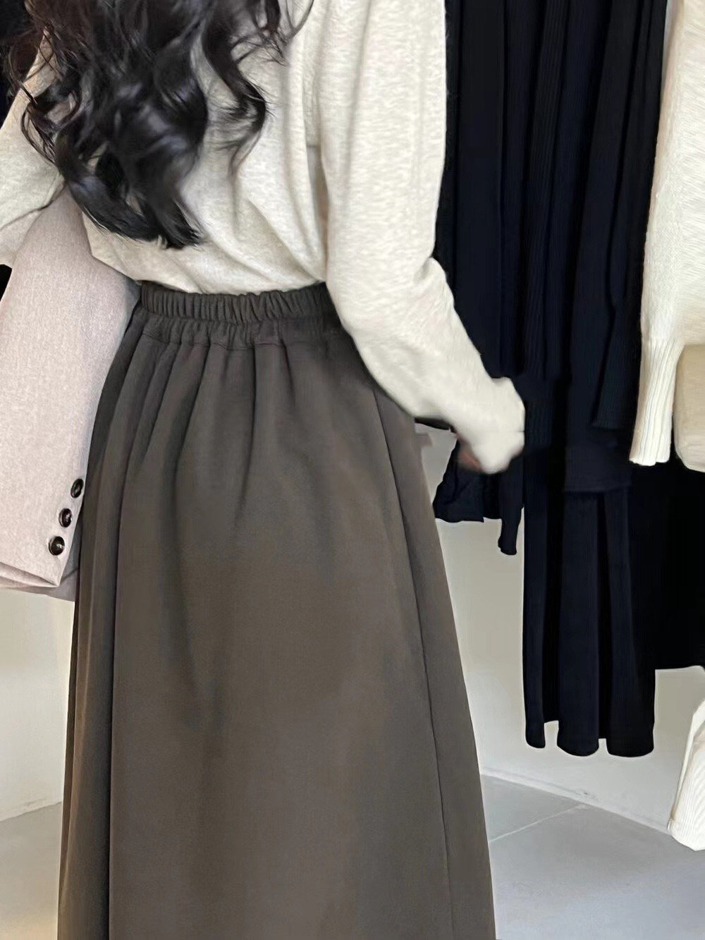暖かいウール風プリーツスカート ミモレ丈 秋冬