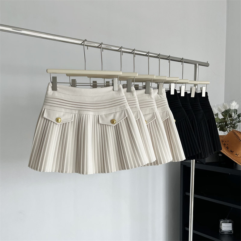 韓国風レトロ金ボタンショートプリーツスカート