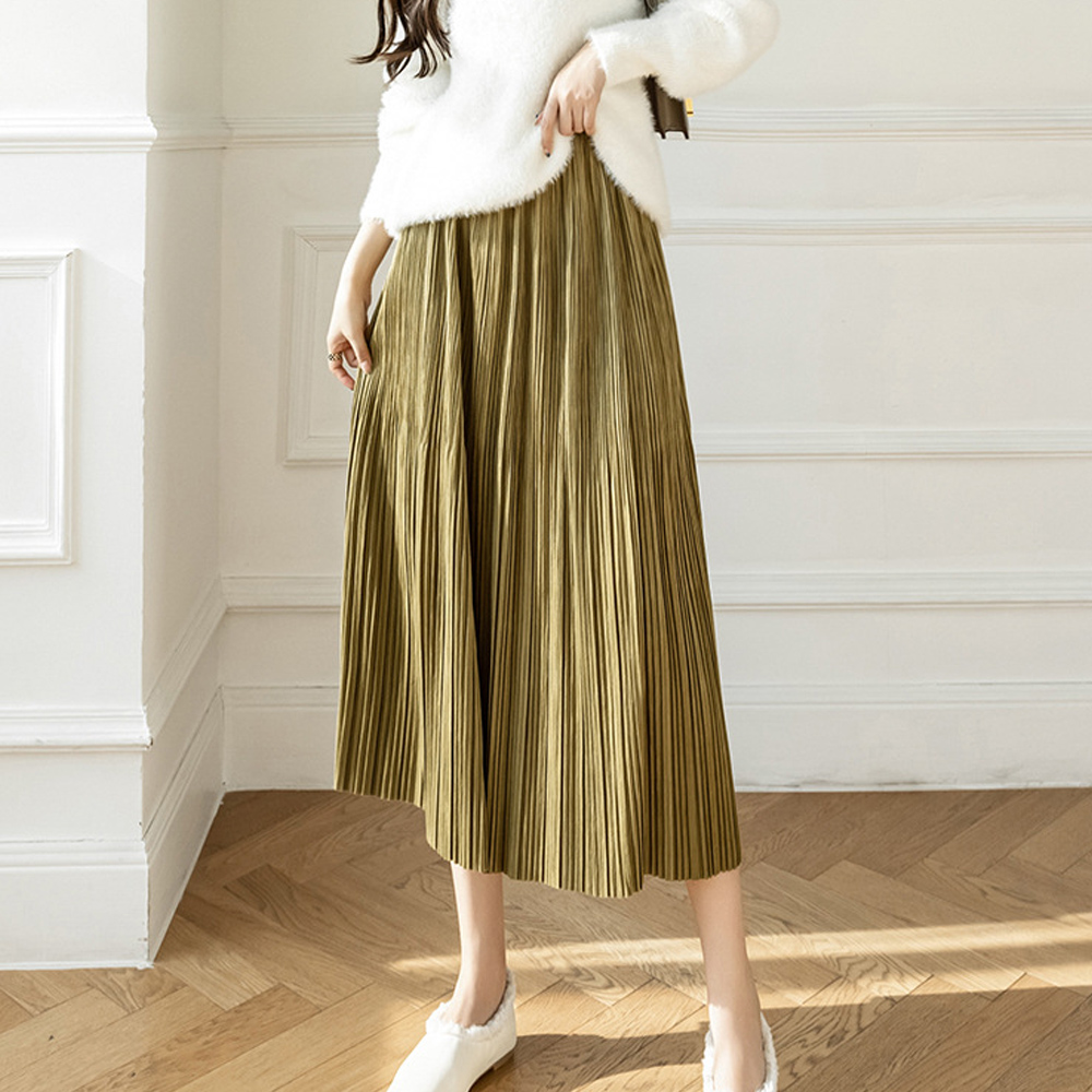 プリーツスカート ハイウエスト 着痩せ ミモレ丈