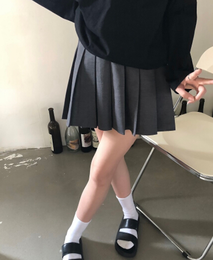 秋冬ハイウエストプリーツスカート膝丈ミニ