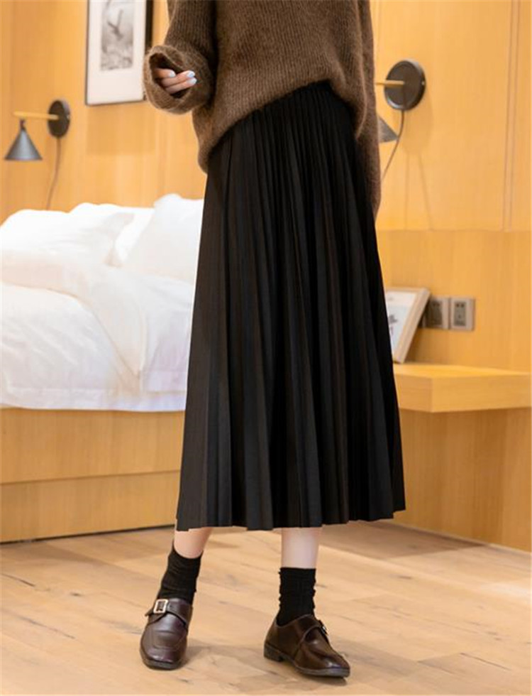 秋冬新作 上品無地ニットプリーツスカート ロング丈