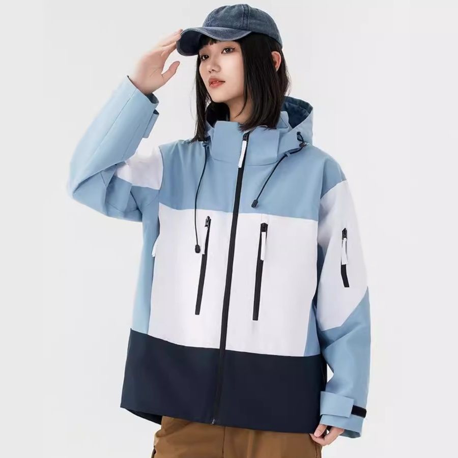 レインウェア 三色切替フード付き防水レインジャケット