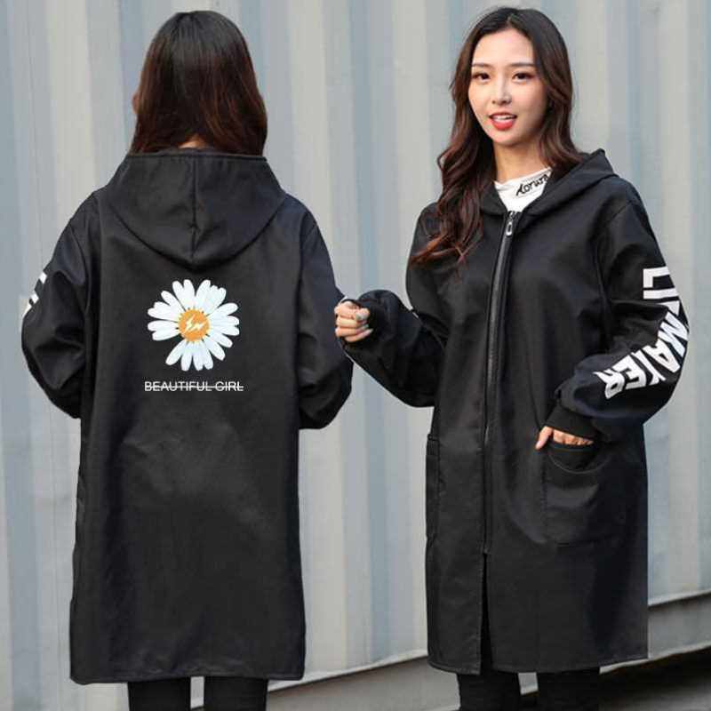 レインウェア 花柄刺繍入りロング丈フード付き防水ジャケット
