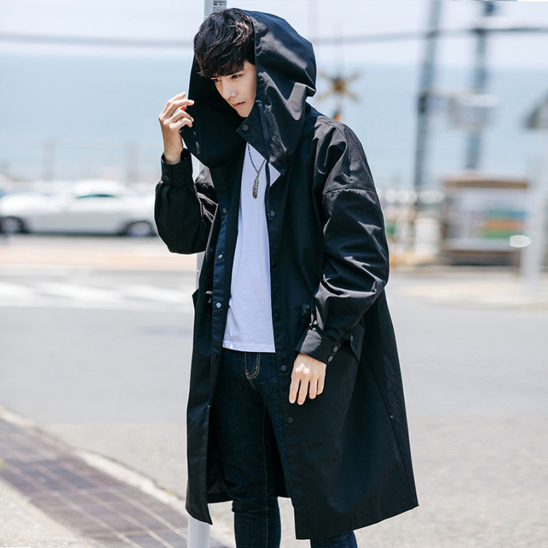 レインウェア 都会派ロング丈フード付き防水レインジャケット