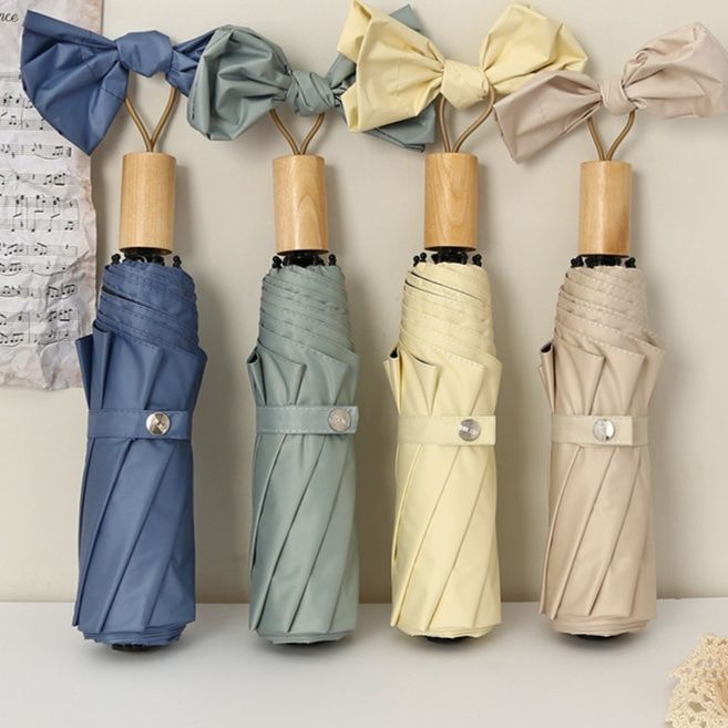 折りたたみ傘 木製持ち手リボンデザイン晴雨兼用折りたたみ傘