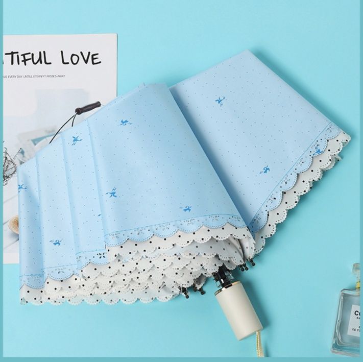 折りたたみ傘 小鳥刺繍とスカラップ縁取りの晴雨兼用折りたたみ傘