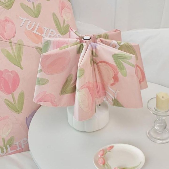 折りたたみ傘 優雅な花柄チューリップ模様の折りたたみ傘　レディース