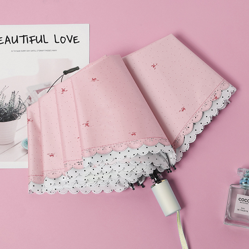 折りたたみ傘 小鳥刺繍とスカラップ縁取りの晴雨兼用折りたたみ傘