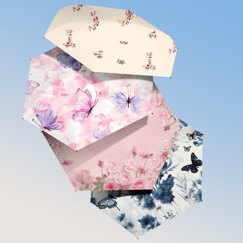 折りたたみ傘 優雅な花柄と蝶々の晴雨兼用折りたたみ傘