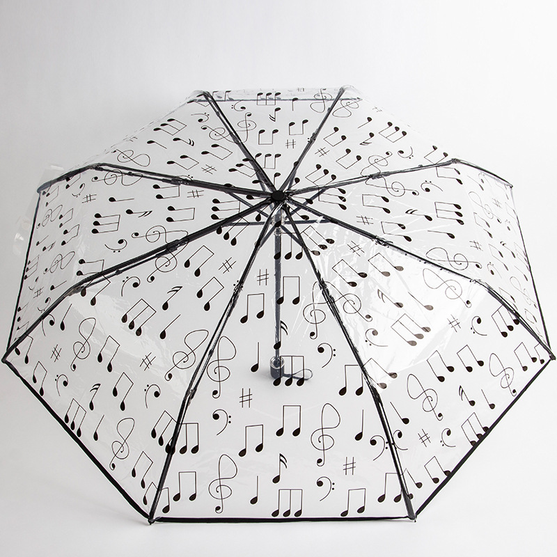 折りたたみ傘 音符と動物柄の透明折りたたみ雨傘
