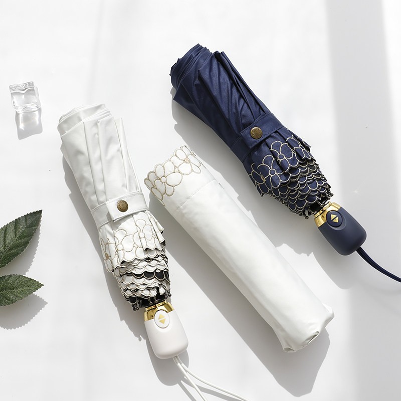 折りたたみ傘 花柄刺繍レース縁取り晴雨兼用折りたたみ傘