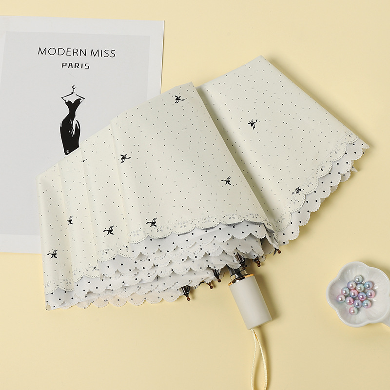 折りたたみ傘 小鳥刺繍とスカラップ縁取りの晴雨兼用折りたたみ傘