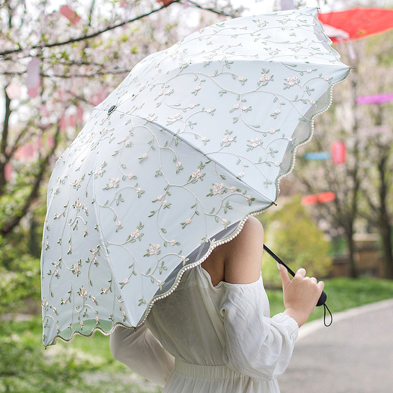 折りたたみ傘 小花刺繍スカラップ縁取り折りたたみ傘晴雨兼用