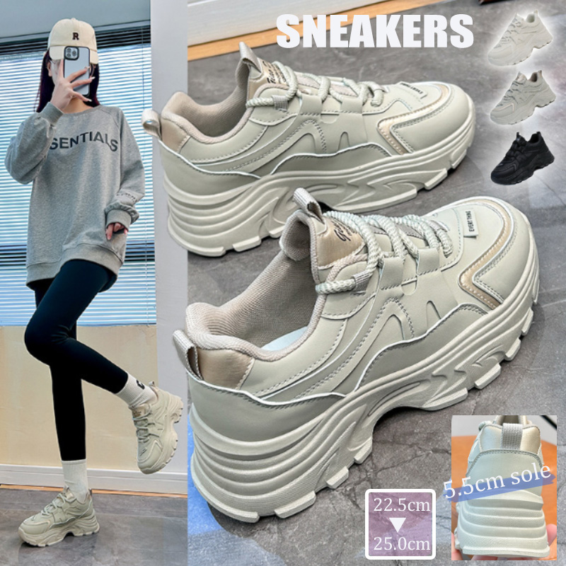 新作女性用厚底ランニングシューズ紐付きボリュームソール