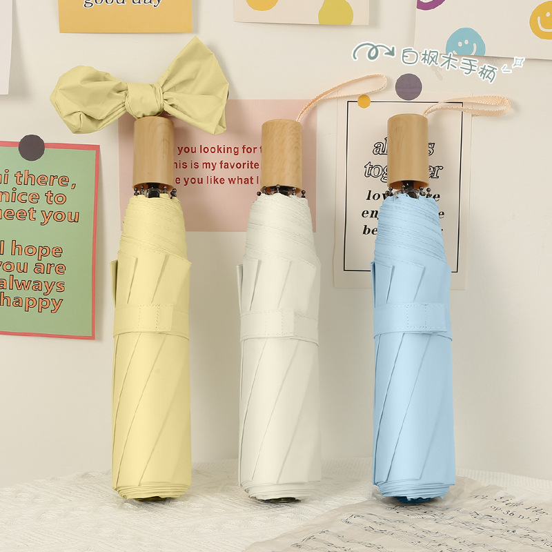 日傘 リボン飾り付き木製持ち手　折りたたみ日傘