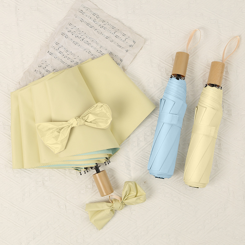 日傘 リボン飾り付き木製持ち手　折りたたみ日傘