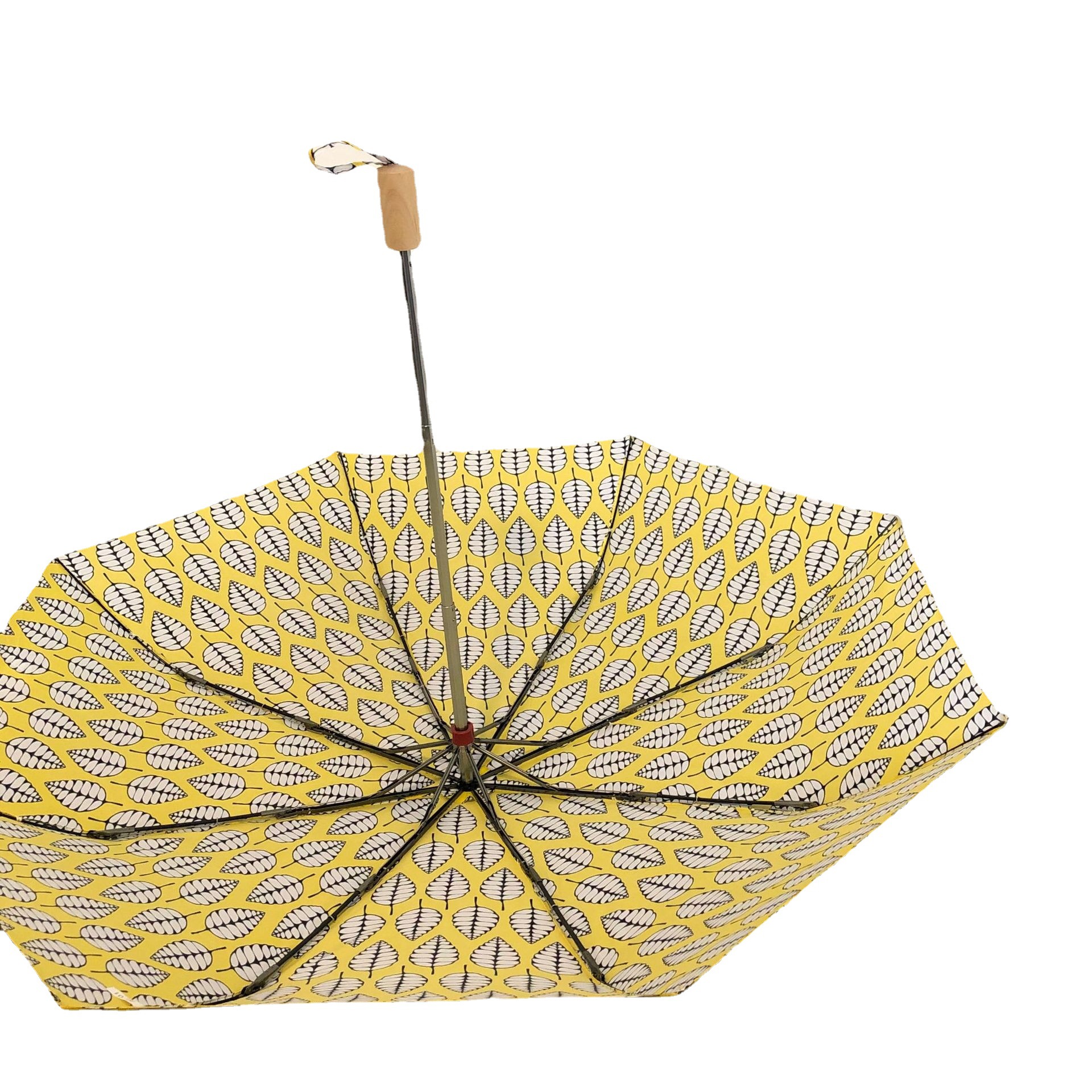 日傘 北欧風リーフ柄折りたたみ日傘 木製持ち手
