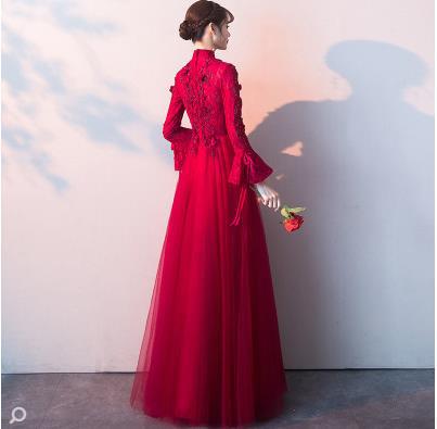 赤コーデ 赤コーデ 華麗な立襟チュールロングドレス