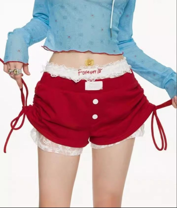 赤コーデ レース切替サイドリボンショートパンツ