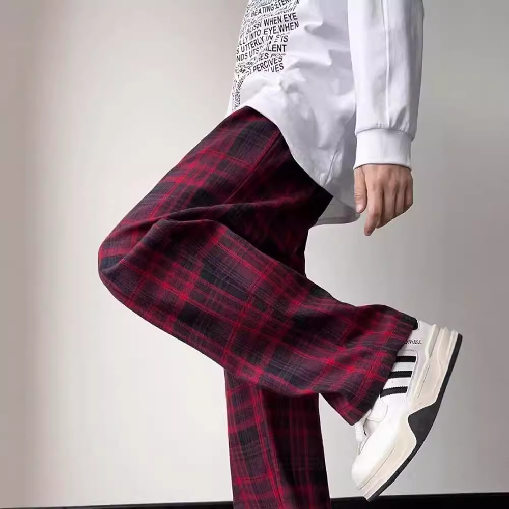 赤コーデ 赤コーデ 格子柄ストレートパンツ