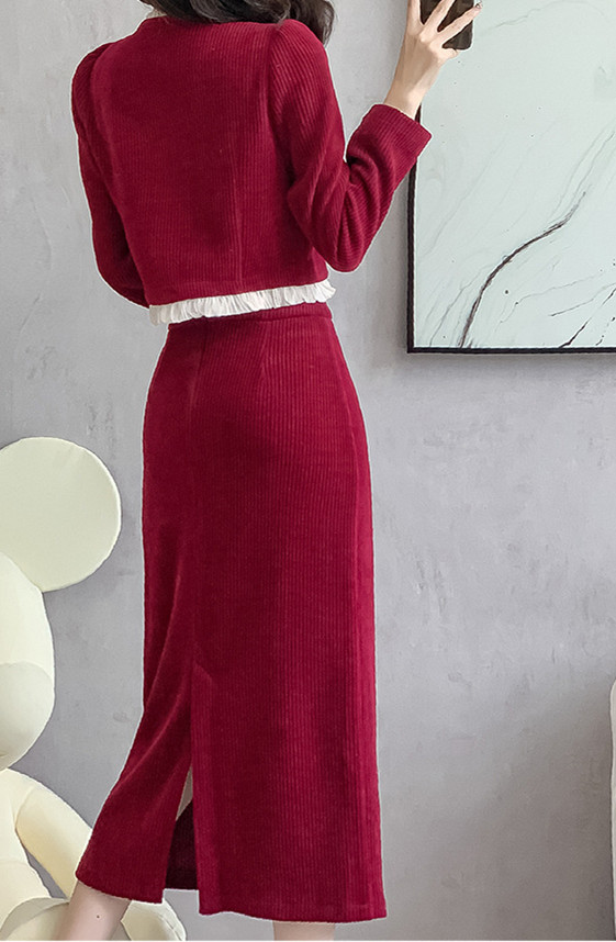 赤コーデュロイ ジャケット＆ロングスカート セット 春服