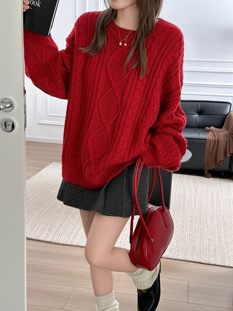 赤コーデ もこもこケーブル編みニット ミニスカートセット