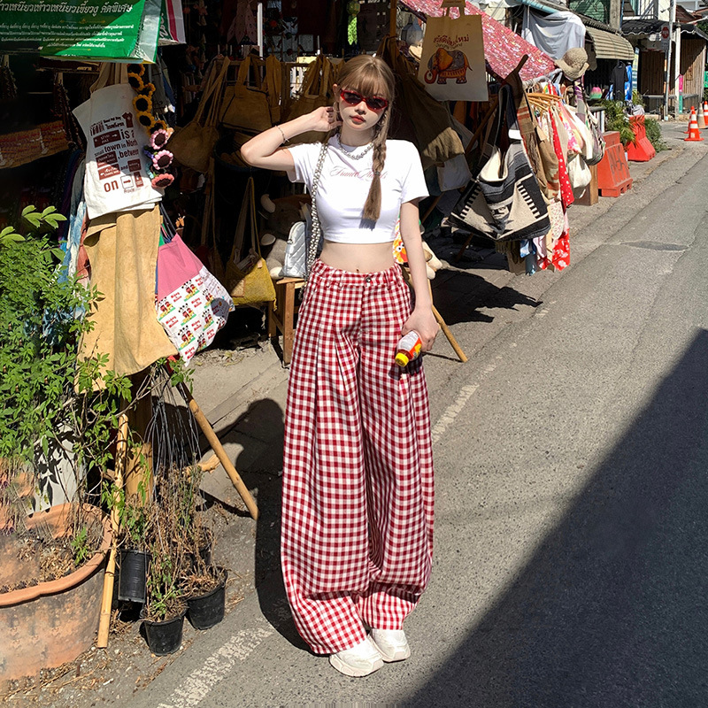 赤コーデ 赤コーデ ギンガムチェックワイドパンツ