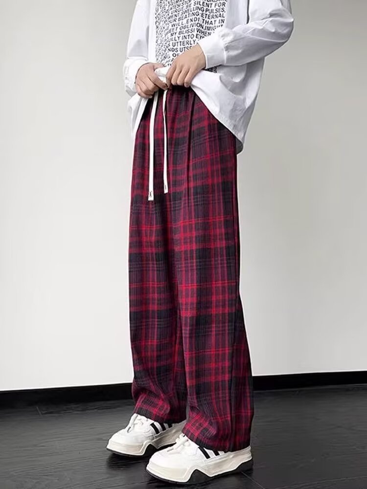 赤コーデ 赤コーデ 格子柄ストレートパンツ