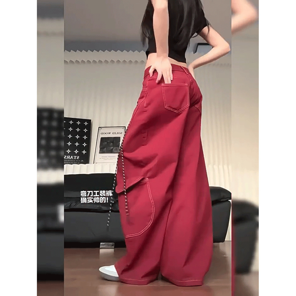 赤コーデ 赤コーデ ワイドシルエット ステッチデザインパンツ