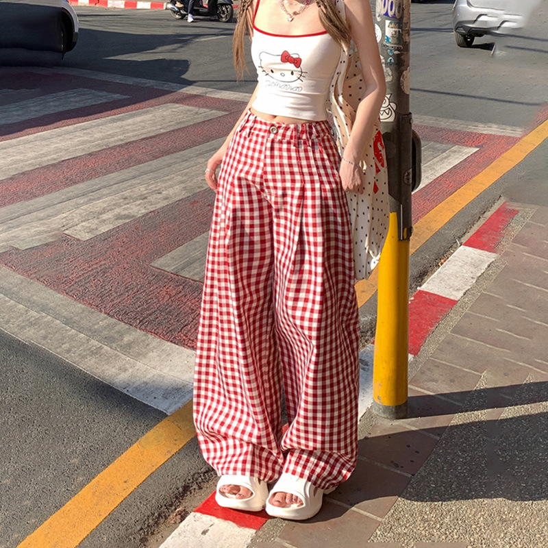 赤コーデ 赤コーデ ギンガムチェックワイドパンツ