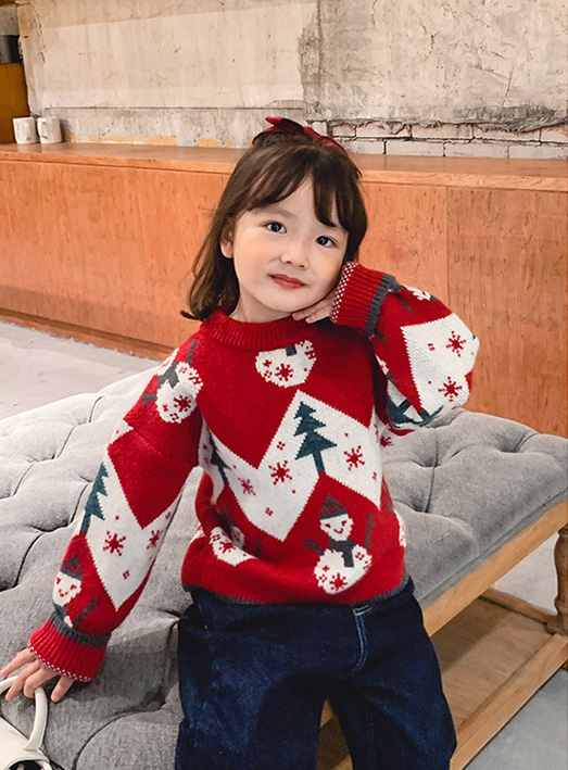 親子お揃いクリスマスセーター 雪だるま柄ニット 冬の赤コーデ