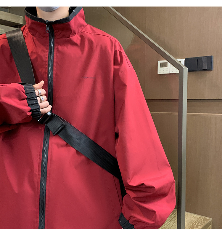 赤コーデ メンズオーバーサイズ防風軽量ジャンパー