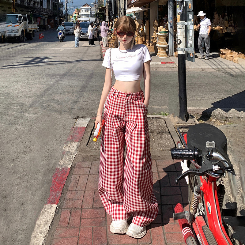 赤コーデ 赤コーデ ギンガムチェックワイドパンツ