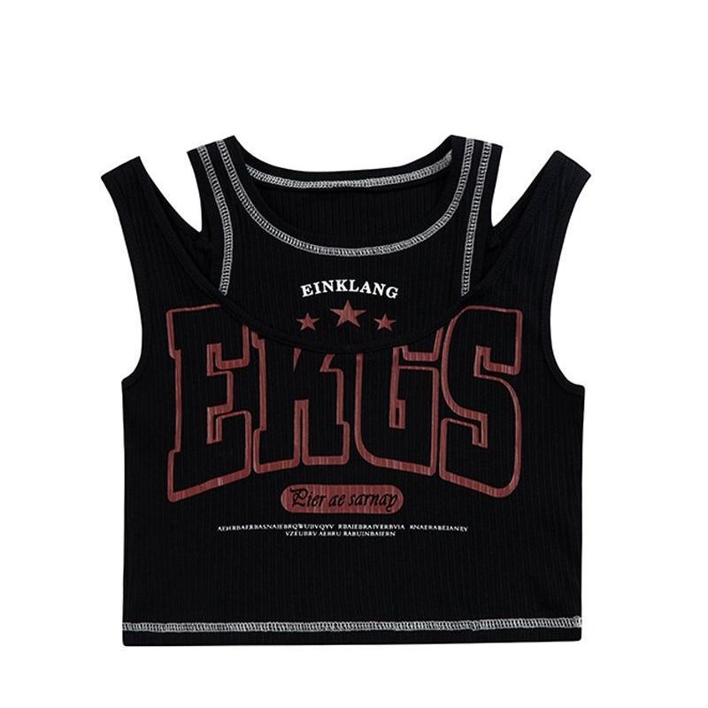 ダンス衣装 肩開きデザインリブ素材ロゴプリントノースリーブトップス