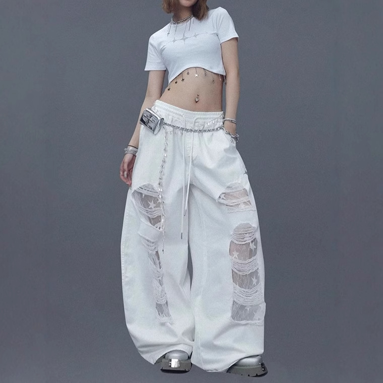 ダンス衣装 ダメージ加工ワイドシルエットストリート系パンツ