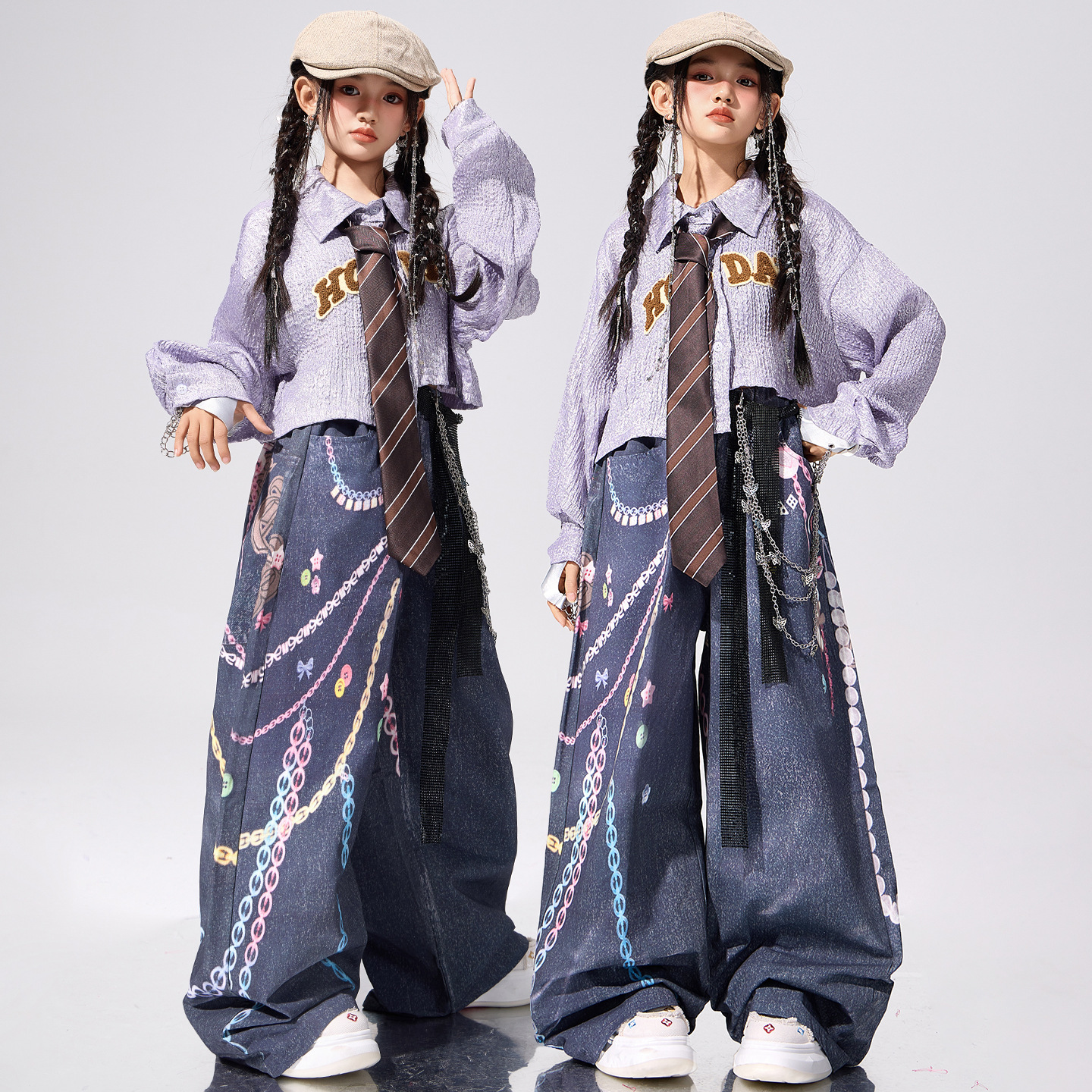キッズダンス衣装 ガールズ街踊りシャツとチェーン柄ワイドパンツセット