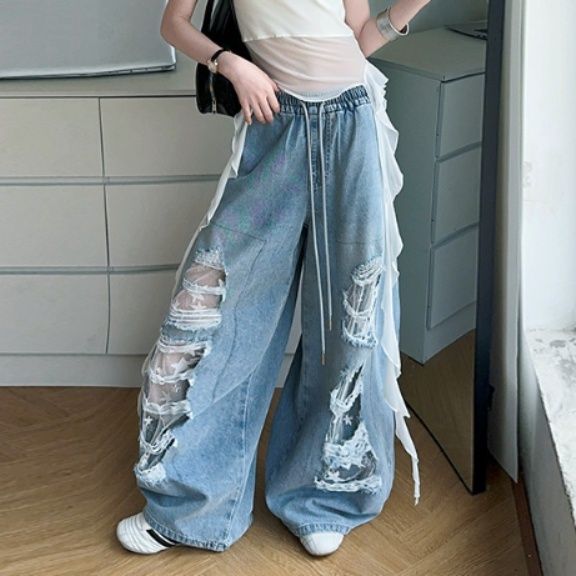 ダンス衣装 立体フリル装飾ダメージ加工デニムワイドパンツ