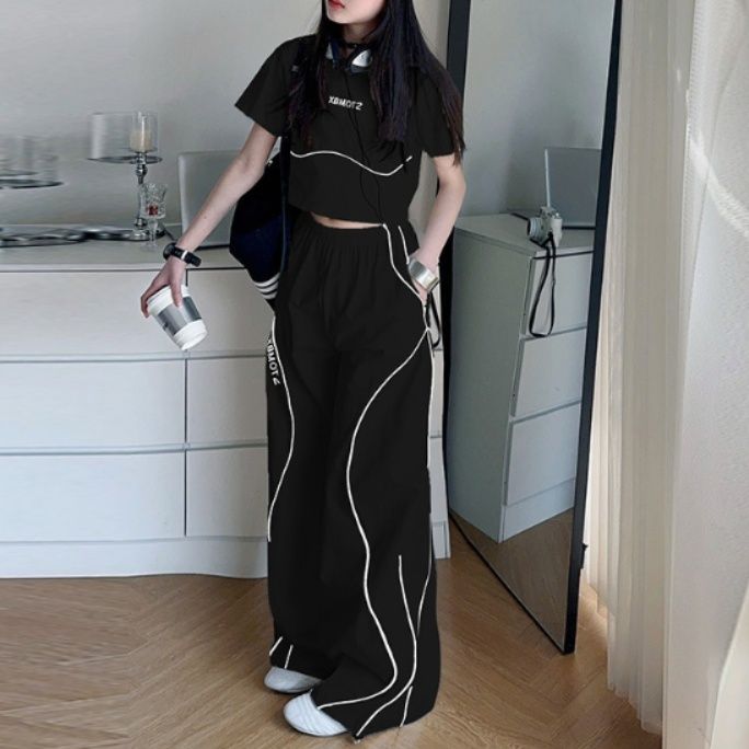 ダンス衣装 配色パイピングラインクロップトップスワイドパンツセットアップ