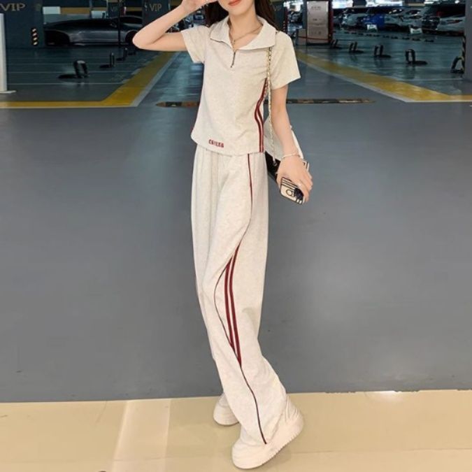 ダンス衣装 襟付き半袖トップスとサイドライン入りワイドパンツセットアップ