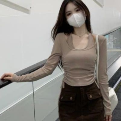 ダンス衣装 二重ネックリブ編み長袖フィットトップス