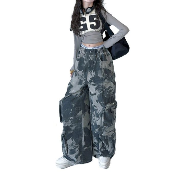 ダンス衣装 数字ロゴ配色フーディー迷彩ワイドパンツセットアップ