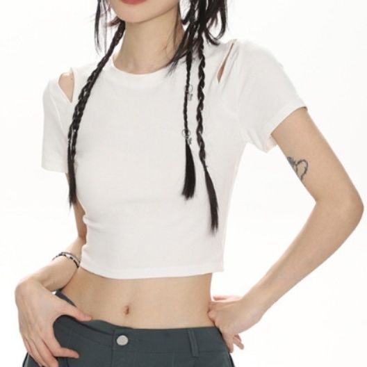 ダンス衣装 肩カット短丈クロップド半袖Tシャツ