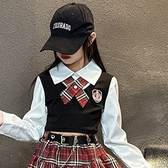 キッズダンス衣装 女の子用リボン付きベスト重ね着風ダンストップス