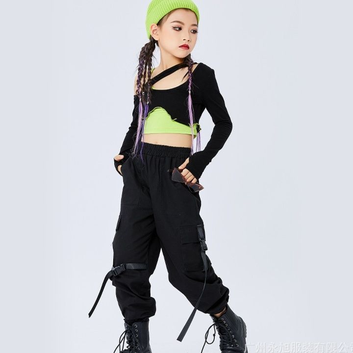 キッズダンス衣装 女の子用ストリート風長袖トップスカーゴパンツセット