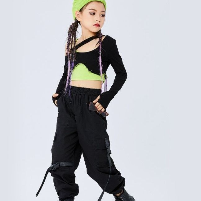 キッズダンス衣装 女の子用ストリート風長袖トップスカーゴパンツセット