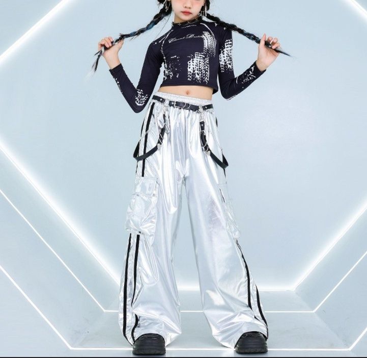 女の子 ヒップホップ キッズダンス衣装 セットアップ 黒銀